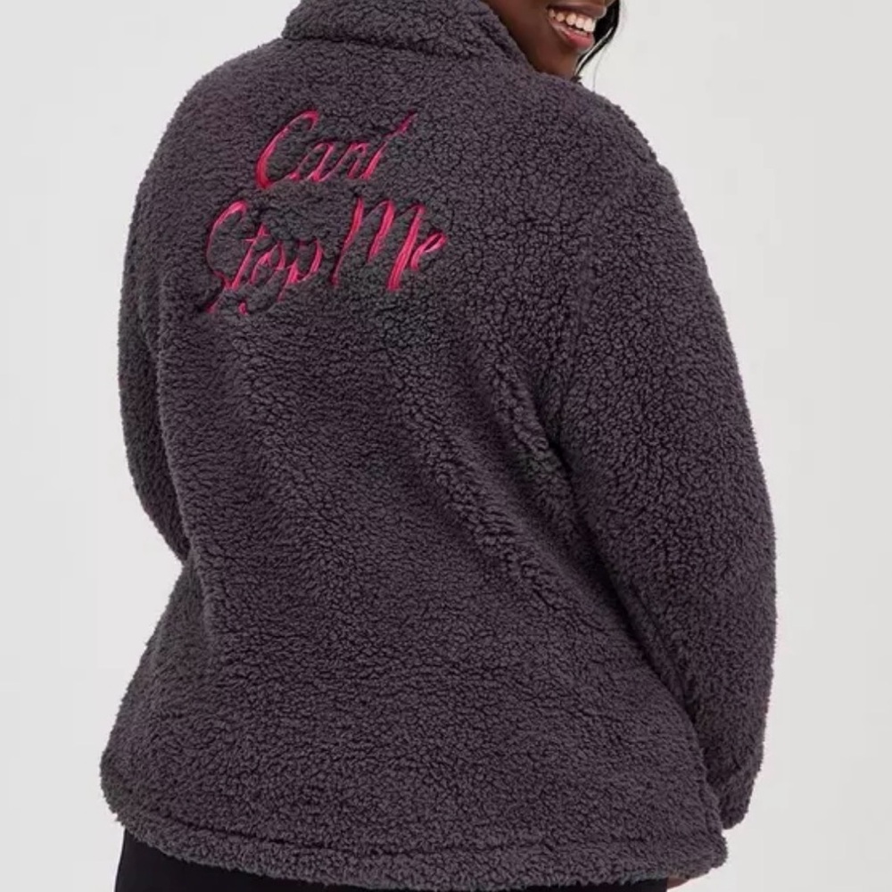Torrid Charcoal Teddy Jacket with Pink Embroidery